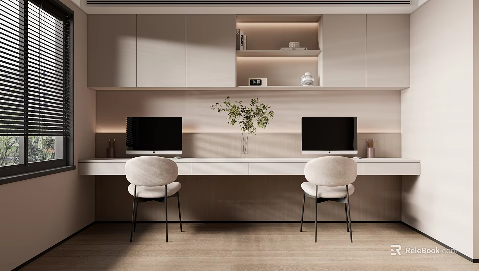 Modern Study Room Interior With Dual Computer Monitors Long Desk Two Chairs And Cabinets 3d model