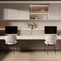 Modern Study Room Interior With Dual Computer Monitors Long Desk Two Chairs And Cabinets 3d model