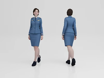 Woman in Blue Suit Style Uniform with Skirt Front and Back View 3d model