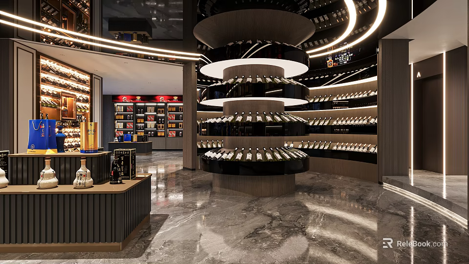Modern Tobacco And Liquor Store Interior With Circular Wine Racks And Displays 3d model 