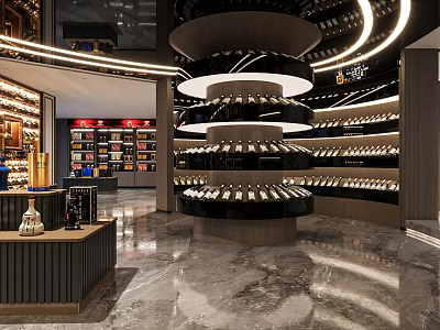 Modern Tobacco And Liquor Store Interior With Circular Wine Racks And Displays 3d model