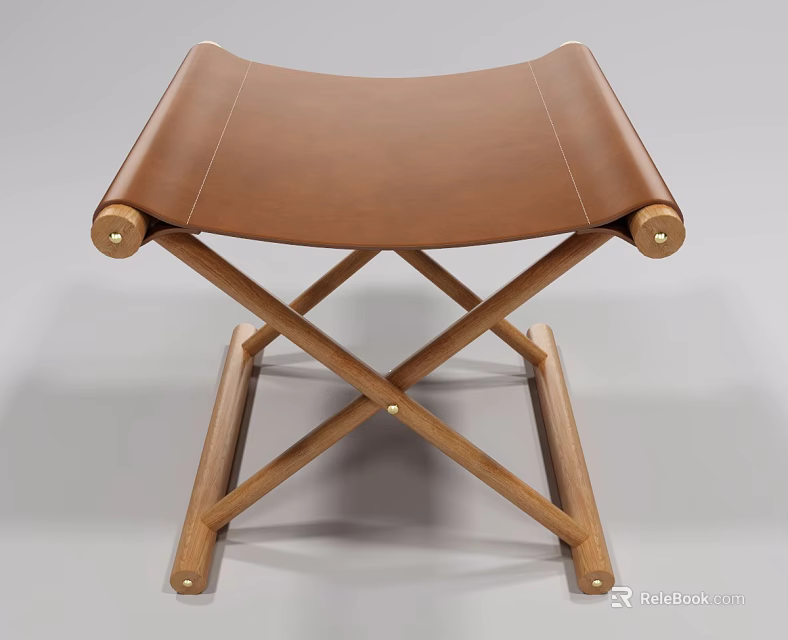Brown Leather Seat Stool With Wooden Cross Legs And Minimalist Design 3d model 