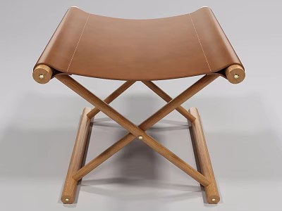 Brown Leather Seat Stool With Wooden Cross Legs And Minimalist Design 3d model