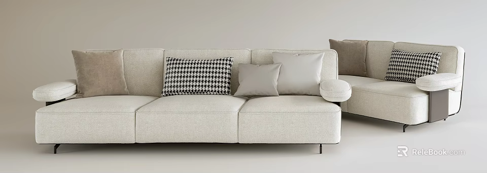 Modern Light Beige Three Seater Sofa With Houndstooth Gray And Cream Pillows Interior 3d model 