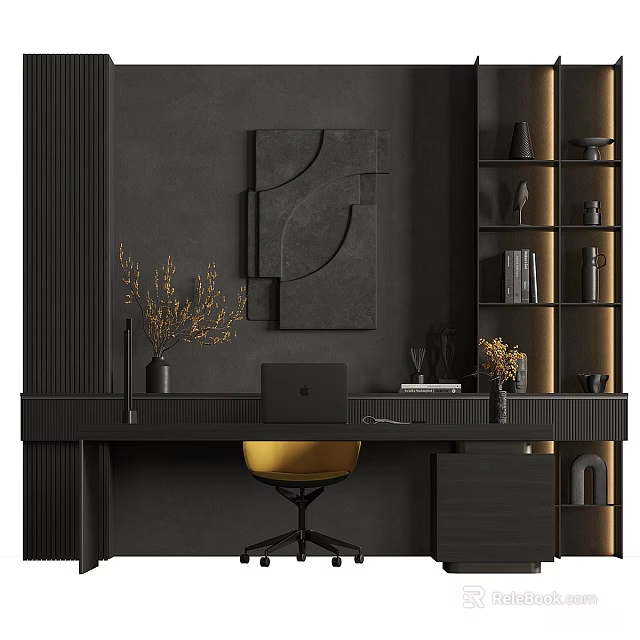 Minimalist Black Desk with Laptop Dried Plants Books and Yellow Chair in Dark Interior 3d model 