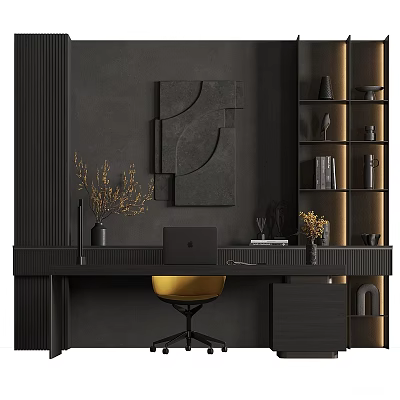 Minimalist Black Desk with Laptop Dried Plants Books and Yellow Chair in Dark Interior 3d model