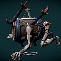 Game Movie Character with Wooden Barrel Body Skull Face Arrows Swords Extended Arms and Chains