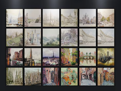 Colorful Framed Oil Paintings of Different City Scenes in Grid Arrangement 3d model