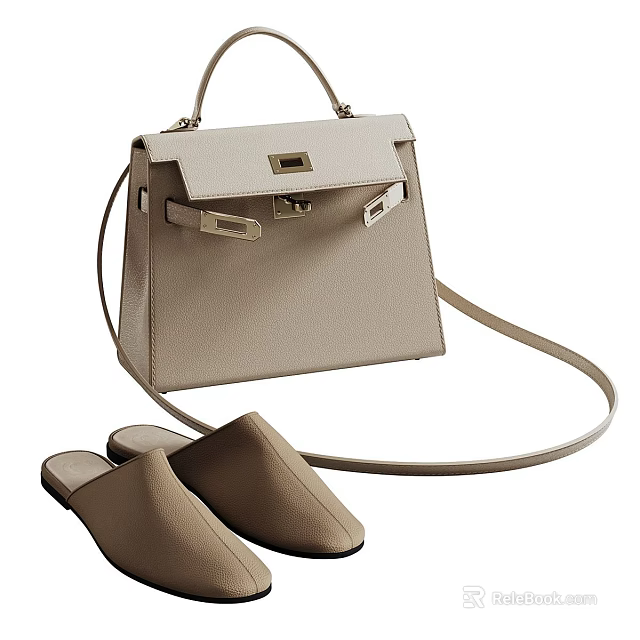 Matching Set Of Beige Classic Leather Handbag And Mule Slippers With Metal Clasp 3d model 