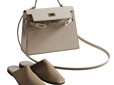 Matching Set Of Beige Classic Leather Handbag And Mule Slippers With Metal Clasp 3d model