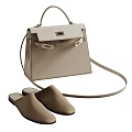 Matching Set Of Beige Classic Leather Handbag And Mule Slippers With Metal Clasp