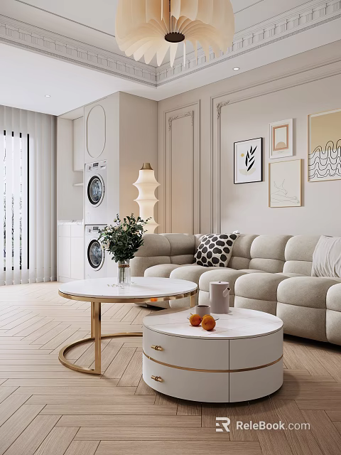 Elegant Modern Living Room Interior Featuring White Coffee Table Gold Legs Vase Flowers And Fruits 3d model 