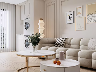 Elegant Modern Living Room Interior Featuring White Coffee Table Gold Legs Vase Flowers And Fruits 3d model