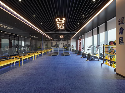 Modern 24H Fitness Area With Blue Floor Yellow Benches And Exercise Equipment 3d model