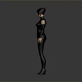 Stylish 3D Model Female Character With Purple Hair Black Bodysuit And Red Lines