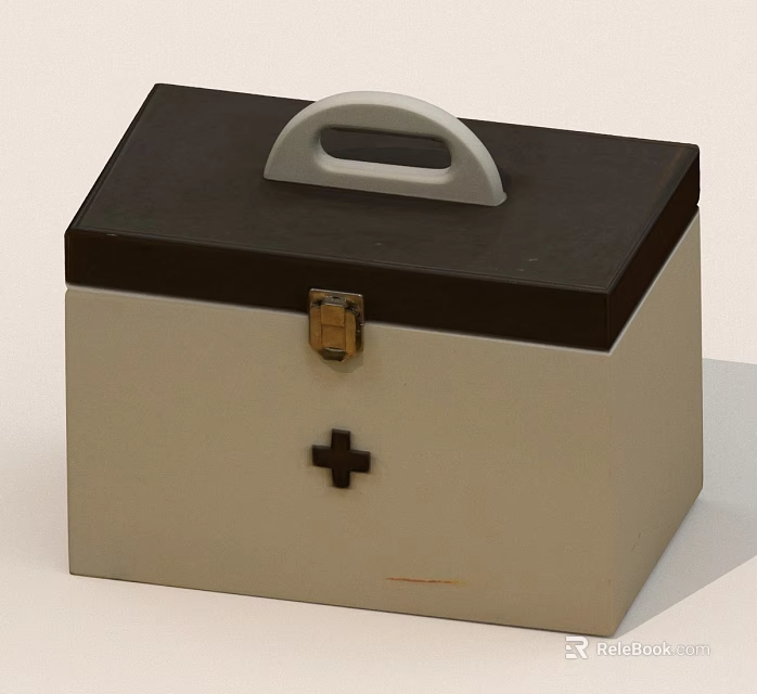 Vintage First Aid Kit With Black Lid White Body Cross Symbol And Metal Lock Handle 3d model 