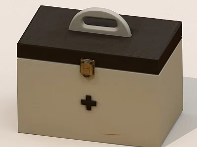 Vintage First Aid Kit With Black Lid White Body Cross Symbol And Metal Lock Handle 3d model