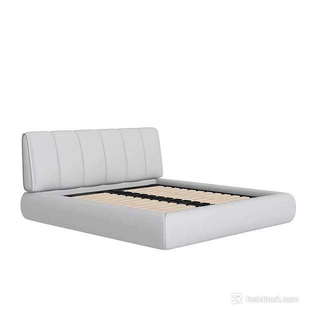 Double Bed with White Striped Leather Upholstered Headboard Modern Platform Frame and Wooden Slats Support 3d model 