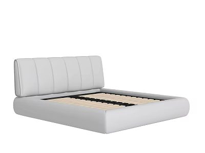 Double Bed with White Striped Leather Upholstered Headboard Modern Platform Frame and Wooden Slats Support 3d model