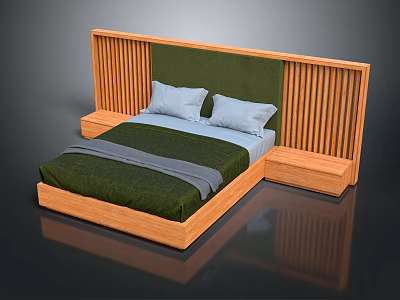 Double Bed With Wooden Vertical Slats Headboard Green Upholstered Panel And Matching Nightstands 3d model