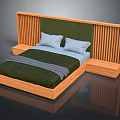 Double Bed With Wooden Vertical Slats Headboard Green Upholstered Panel And Matching Nightstands