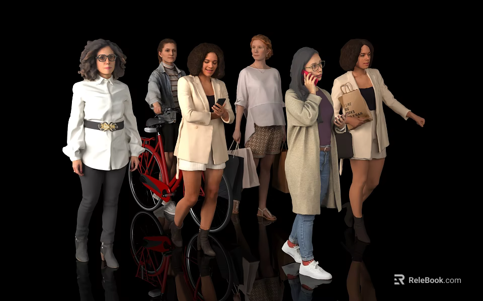 Various Stylish Women Holding Phones Carrying Bags And Standing Next To Bicycle 3d model 