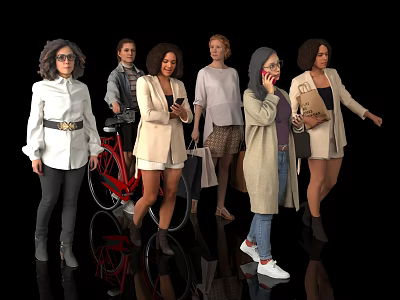 Various Stylish Women Holding Phones Carrying Bags And Standing Next To Bicycle 3d model