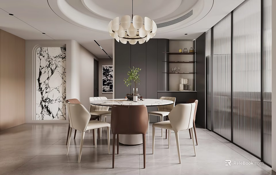 Modern Dining Room Interior With Round Dining Table Chairs Pendant Light And Decor 3d model 