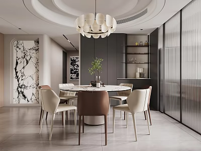 Modern Dining Room Interior With Round Dining Table Chairs Pendant Light And Decor 3d model