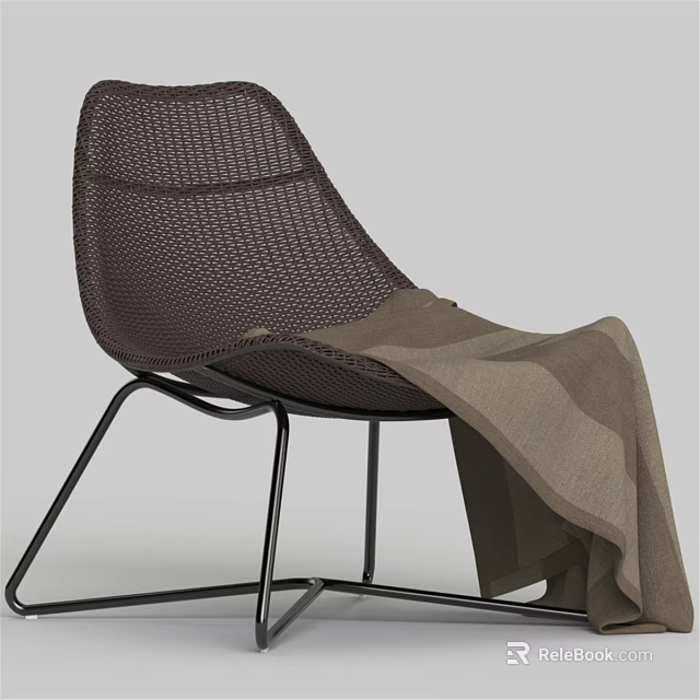 Dark Brown Woven Leisure Chair With Light Brown Blanket And Metal Legs 3d model 