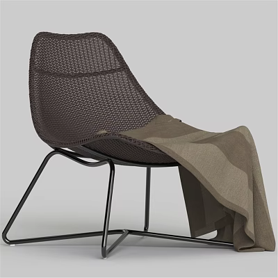 Dark Brown Woven Leisure Chair With Light Brown Blanket And Metal Legs 3d model