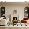 Elegant Living Room With White Sofa Orange Armchair Fireplace Checkered Floor And Shelves
