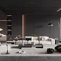 Modern Elegant Living Room With Black Walls White Sofa Fireplace Floor Lamp And Striped Rug