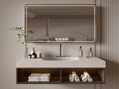Modern Bathroom Vanity With Illuminated Mirror Marble Countertop Under Mount Sink And Towel Storage 3d model
