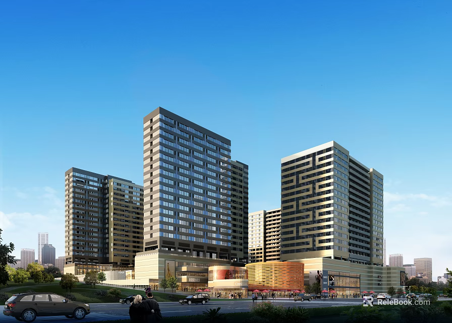 Modern High Rise Office Building Complex With Glass Facade And Urban Surroundings 3d model 