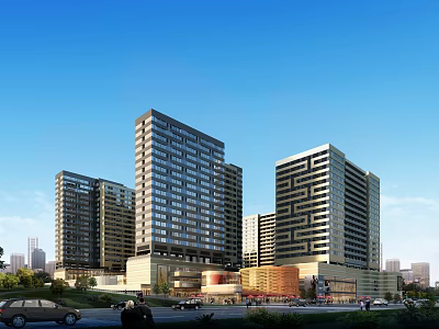 Modern High Rise Office Building Complex With Glass Facade And Urban Surroundings 3d model