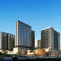 Modern High Rise Office Building Complex With Glass Facade And Urban Surroundings