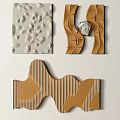 Decorative Wall Art With Geometric Patterns Brown Wavy Panels And Silver Object