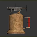 Flamethrower Weapon With Brass Colored Body Red Handle And Metal Mechanical Structure