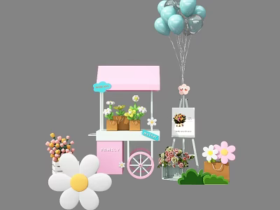 Cute Photo Spot With Pink Cart Blue Balloons Flowers Sign And Decorations 3d model