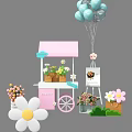 Cute Photo Spot With Pink Cart Blue Balloons Flowers Sign And Decorations