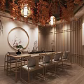 Chinese Style Interior Design With Wooden Lattice Circular Wall Art And Hanging Floral Decorations