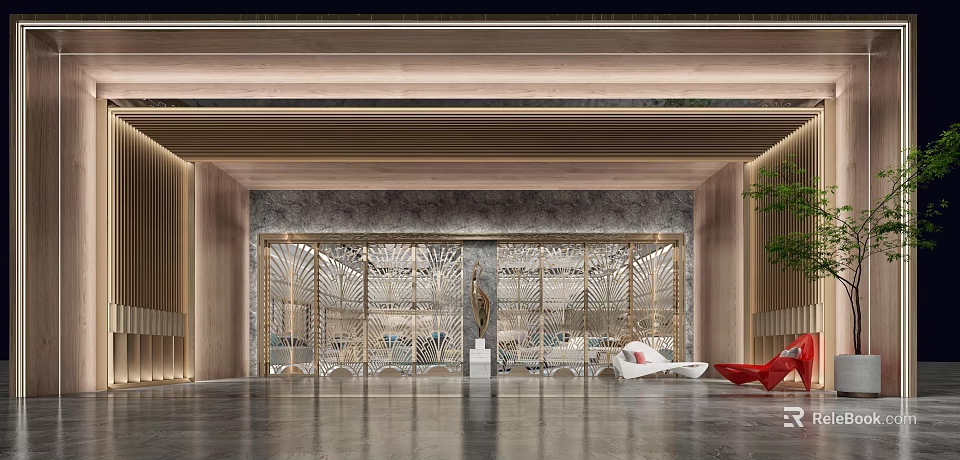 Luxury Modern Hotel Lobby Interior With Decorative Metal Screen And Comfortable Sofas 3d model 