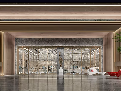 Luxury Modern Hotel Lobby Interior With Decorative Metal Screen And Comfortable Sofas 3d model