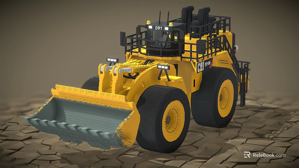 Large Yellow Loader with Black Cab Big Bucket and Heavy Duty Tires on Rough Ground 3d model 