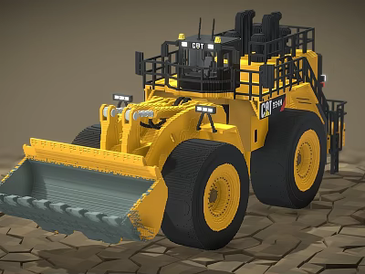 Large Yellow Loader with Black Cab Big Bucket and Heavy Duty Tires on Rough Ground 3d model