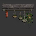 Wooden Hanging Shelf With Potted Plants And Red Fruits For Home Decor