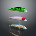 Three Different Colored Fishing Lures With Striped Patterns And Metal Hooks