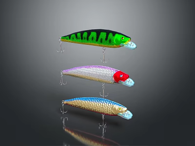 Three Different Colored Fishing Lures With Striped Patterns And Metal Hooks 3d model