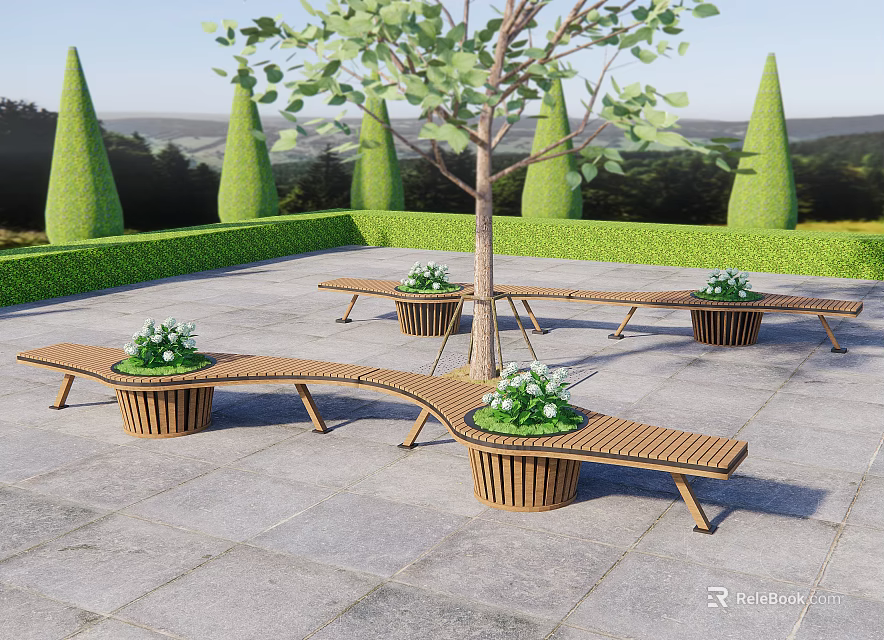 Wooden Outdoor Chairs With Planters And Green Plants In Garden Stone Pavement 3d model 